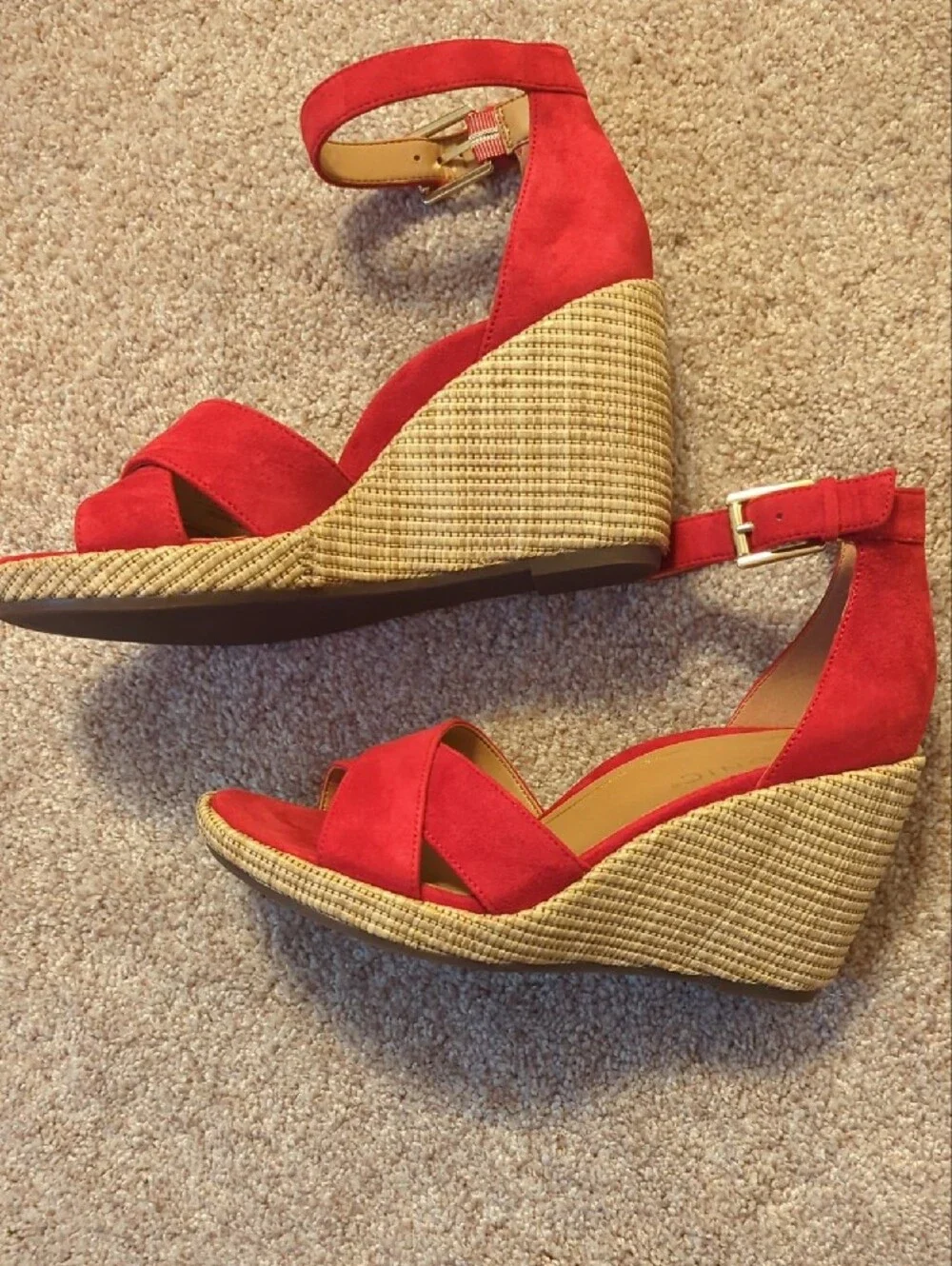 Vionic Red Suede Espadrille Wedge Sandals with Ankle Buckle